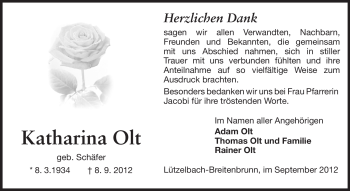 Traueranzeige von Katharina Olt  von Odenwälder Echo