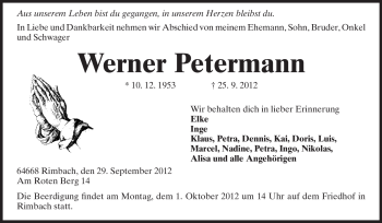 Traueranzeige von Werner Petermann von Starkenburger Echo