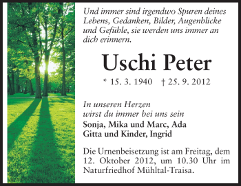 Traueranzeige von Uschi Peter von Echo-Zeitungen (Gesamtausgabe)
