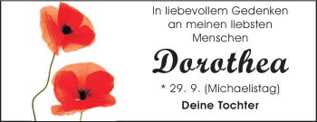 Traueranzeige von Dorothea  von Darmstädter Echo, Odenwälder Echo, Rüsselsheimer Echo, Groß-Gerauer-Echo, Ried Echo