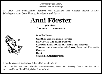 Traueranzeige von Anni Förster von Rüsselsheimer Echo, Groß-Gerauer-Echo, Ried Echo