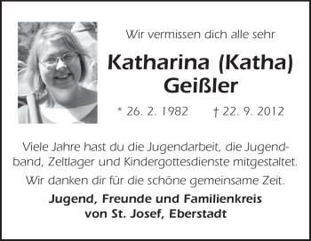 Traueranzeige von Katharina Geißler von Echo-Zeitungen (Gesamtausgabe)