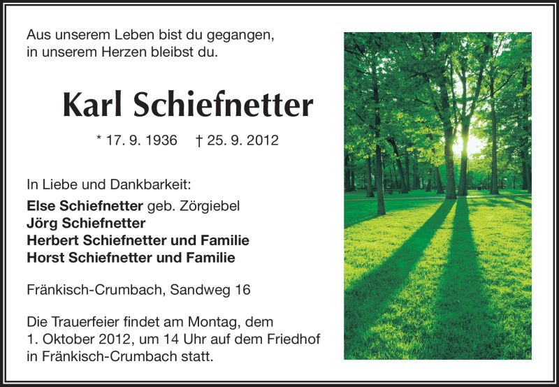  Traueranzeige für Karl Schiefnetter vom 29.09.2012 aus Odenwälder Echo