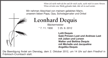 Traueranzeige von Leonhard Dequis von Odenwälder Echo