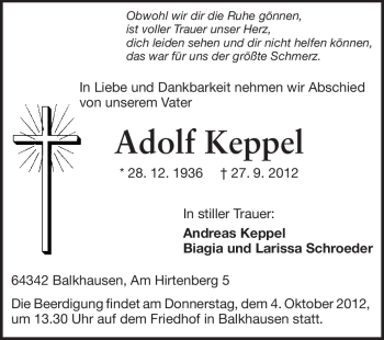 Traueranzeige von Adolf Keppel von Echo-Zeitungen (Gesamtausgabe)