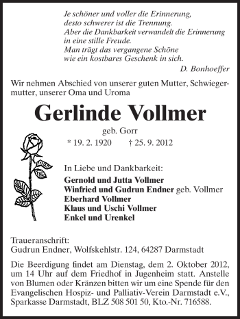 Traueranzeige von Gerlinde Vollmer von Echo-Zeitungen (Gesamtausgabe)