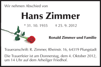 Traueranzeige von Hans Zimmer von Echo-Zeitungen (Gesamtausgabe)