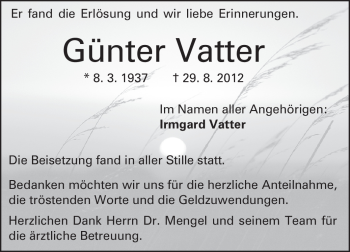 Traueranzeige von Günter Vatter von Echo-Zeitungen (Gesamtausgabe)