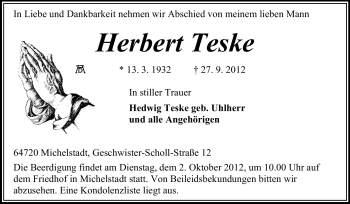 Traueranzeige von Herbert Teske von Odenwälder Echo