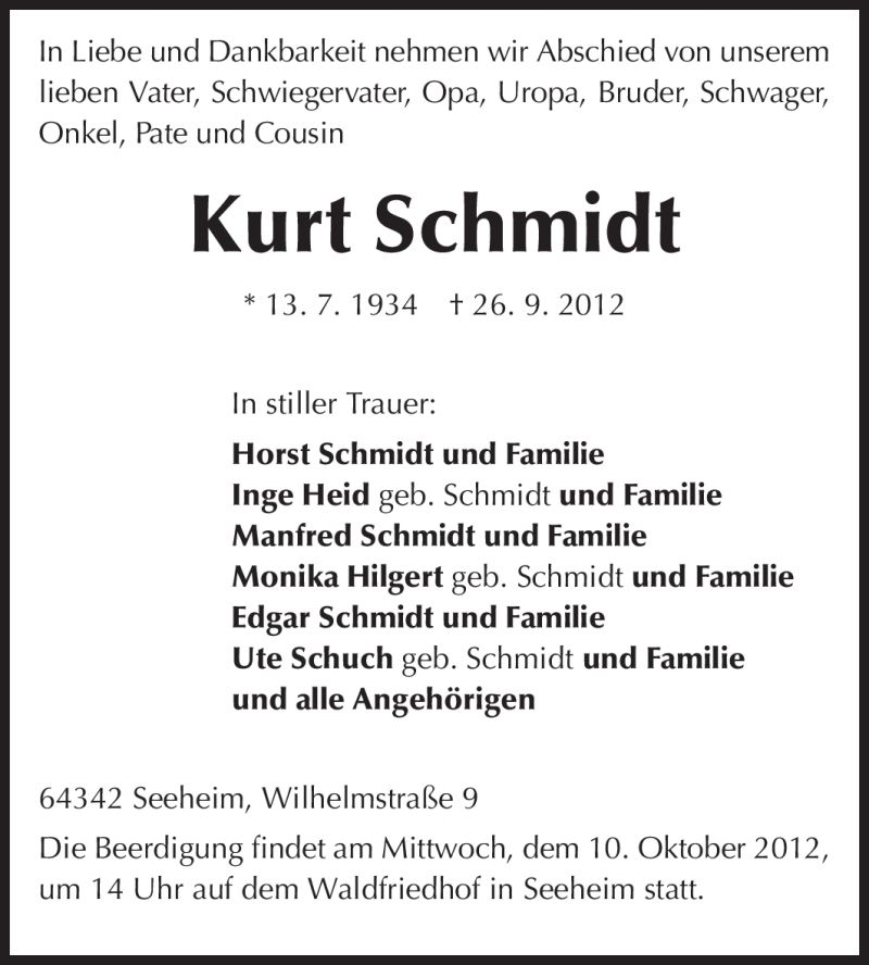  Traueranzeige für Kurt Schmidt vom 01.10.2012 aus Echo-Zeitungen (Gesamtausgabe)