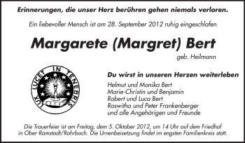 Traueranzeige von Margarete Bert von Echo-Zeitungen (Gesamtausgabe)