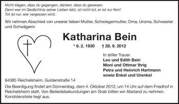 Traueranzeige von Katharina Bein von Odenwälder Echo