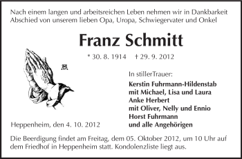 Traueranzeige von Franz Schmitt von Starkenburger Echo