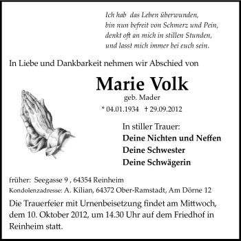 Traueranzeige von Marie Volk von Echo-Zeitungen (Gesamtausgabe)