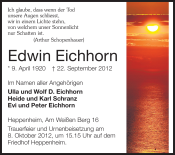 Traueranzeige von Edwin Eichhorn von Starkenburger Echo, Bergsträßer Anzeiger