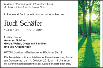 Traueranzeige von Rudi Schäfer von Odenwälder Echo