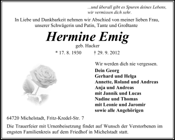 Traueranzeige von Hermine Emig von Odenwälder Echo
