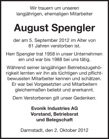 Traueranzeige von August Spengler von Echo-Zeitungen (Gesamtausgabe)