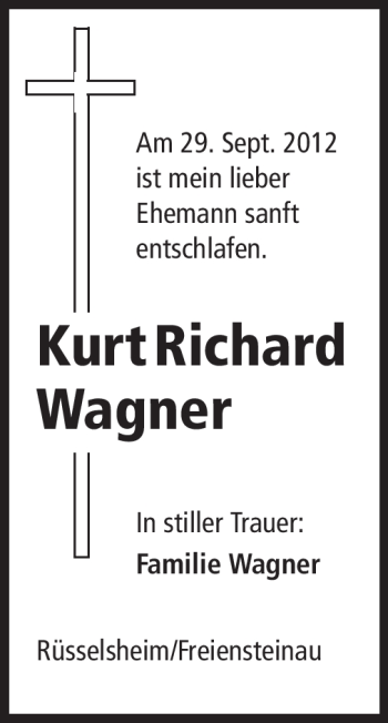 Traueranzeige von Kurt Richard Wagner von Rüsselsheimer Echo, Groß-Gerauer-Echo, Ried Echo