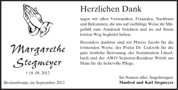 Traueranzeige von Margarethe Stegmeyer von Odenwälder Echo