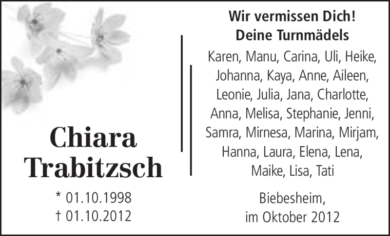  Traueranzeige für Chiara Trabitzsch vom 04.10.2012 aus Rüsselsheimer Echo, Groß-Gerauer-Echo, Ried Echo