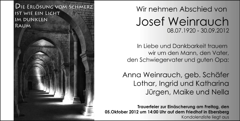  Traueranzeige für Josef Weinrauch vom 04.10.2012 aus Odenwälder Echo