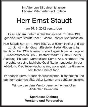 Traueranzeige von Ernst Staudt von Echo-Zeitungen (Gesamtausgabe)