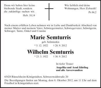 Traueranzeige von Marie Semturris von Rüsselsheimer Echo, Groß-Gerauer-Echo, Ried Echo