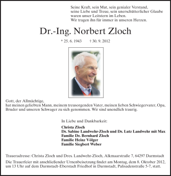 Traueranzeige von Norbert Zloch von Echo-Zeitungen (Gesamtausgabe)