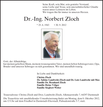 Traueranzeige von Norbert Zloch von Echo-Zeitungen (Gesamtausgabe)