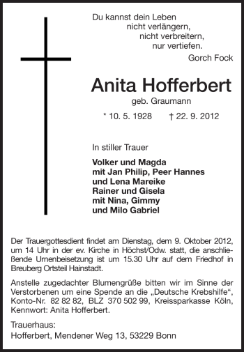 Traueranzeige von Anita Hofferbert von Odenwälder Echo
