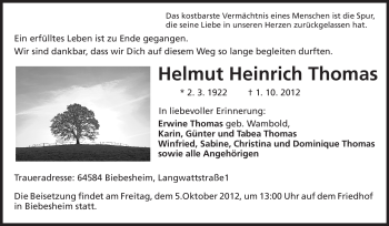 Traueranzeige von Helmut Heinrich Thomas von Rüsselsheimer Echo, Groß-Gerauer-Echo, Ried Echo