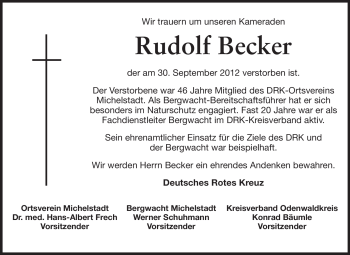 Traueranzeige von Rudolf Becker von Odenwälder Echo