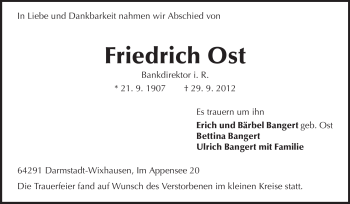 Traueranzeige von Friedrich Ost von Echo-Zeitungen (Gesamtausgabe)