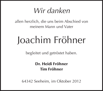 Traueranzeige von Joachim Fröhner von Echo-Zeitungen (Gesamtausgabe)
