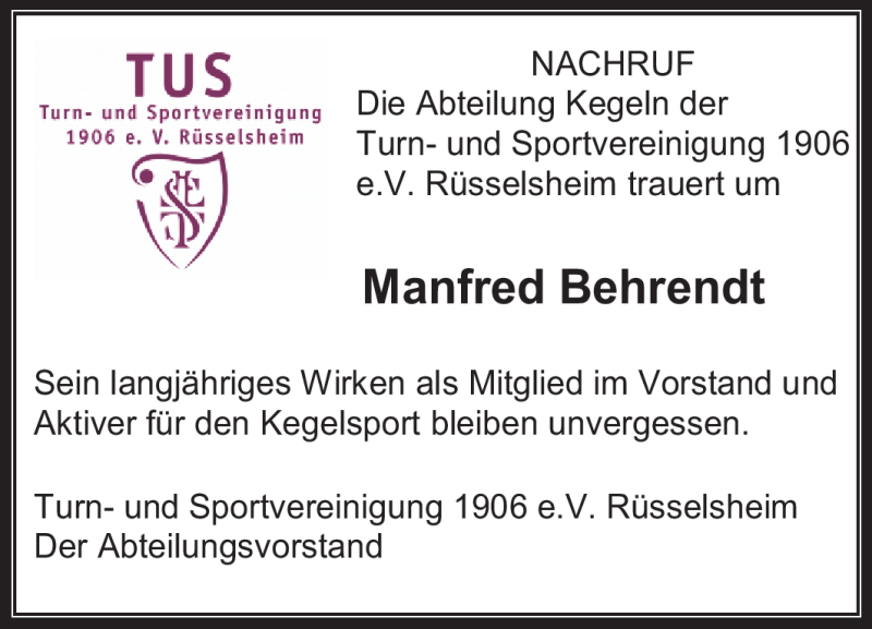  Traueranzeige für Manfred Behrendt vom 04.10.2012 aus Rüsselsheimer Echo, Groß-Gerauer-Echo, Ried Echo