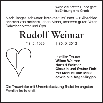 Traueranzeige von Rudolf Weimar von Rüsselsheimer Echo, Groß-Gerauer-Echo, Ried Echo