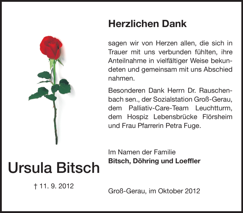  Traueranzeige für Ursula Bitsch vom 06.10.2012 aus Rüsselsheimer Echo, Groß-Gerauer-Echo, Ried Echo
