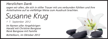 Traueranzeige von Susanne Krug von Rüsselsheimer Echo, Groß-Gerauer-Echo, Ried Echo