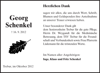 Traueranzeige von Georg Schenkel von Rüsselsheimer Echo, Groß-Gerauer-Echo, Ried Echo