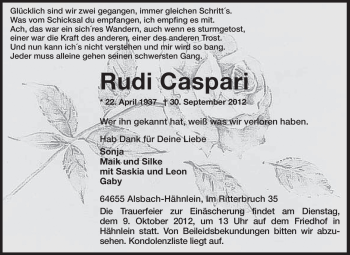 Traueranzeige von Rudi Caspari von Echo-Zeitungen (Gesamtausgabe)