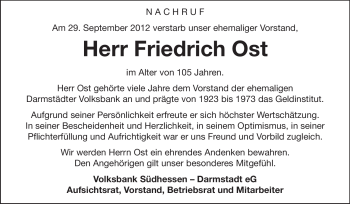 Traueranzeige von Friedrich Ost von Echo-Zeitungen (Gesamtausgabe)