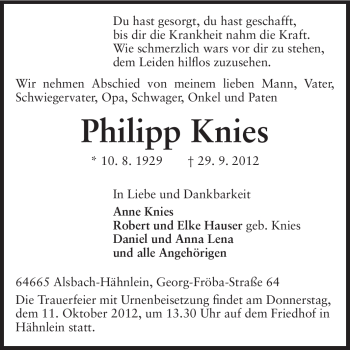 Traueranzeige von Philipp Knies von Echo-Zeitungen (Gesamtausgabe)