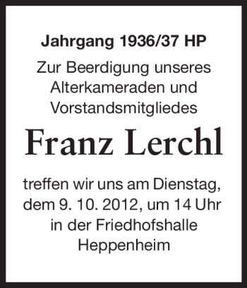Traueranzeige von Franz Lerchl von Starkenburger Echo