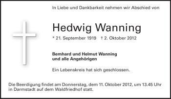 Traueranzeige von Hedwig Wanning von Echo-Zeitungen (Gesamtausgabe)