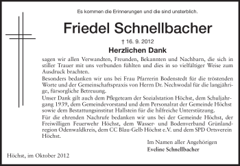 Traueranzeige von Friedel Schnellbacher von Odenwälder Echo