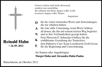 Traueranzeige von Reinald Hahn von Rüsselsheimer Echo, Groß-Gerauer-Echo, Ried Echo