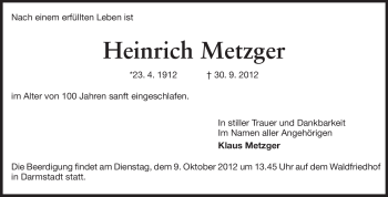 Traueranzeige von Heinrich Metzger von Echo-Zeitungen (Gesamtausgabe)