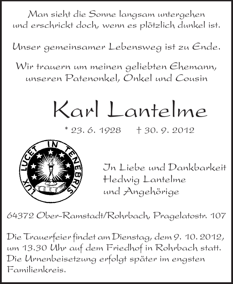  Traueranzeige für Karl Lantelme vom 06.10.2012 aus Echo-Zeitungen (Gesamtausgabe)