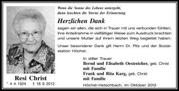 Traueranzeige von Resi Christ von Odenwälder Echo